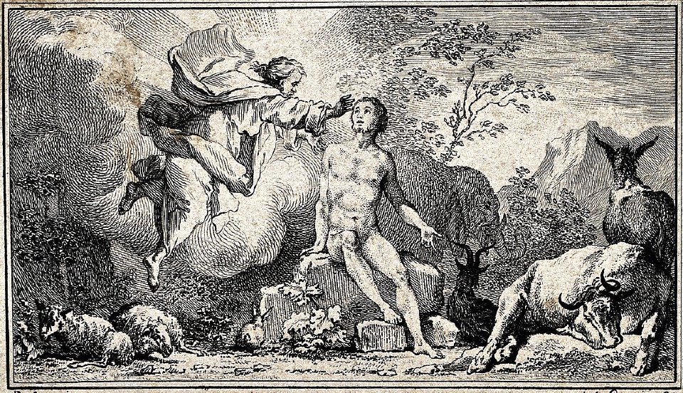 God reaches out His hand, giving life to Adam. Engraving by J.-J. Pasquier after an original by J. de Sève.