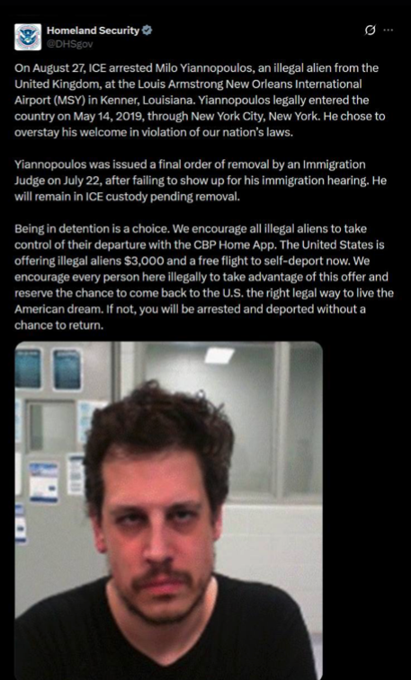 Milo Yiannopoulos की हिरासत पर अमेरिकी गृह सुरक्षा विभाग की पोस्ट। स्क्रीनशॉट: DHS / X