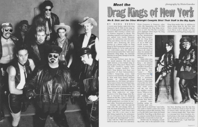 Dvoustrana časopisu Dragazine s materiálem o newyorských drag kings. Text: Nora Burns, foto: Efrain Gonzalez / Dragazine (archiv Freddieho Berkowitze)