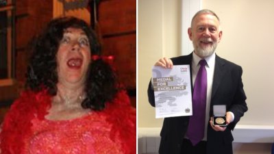 Майкл Фелс в образе своего дрэг-альтер эго Этол Мэри (слева) и в обычной жизни (справа)