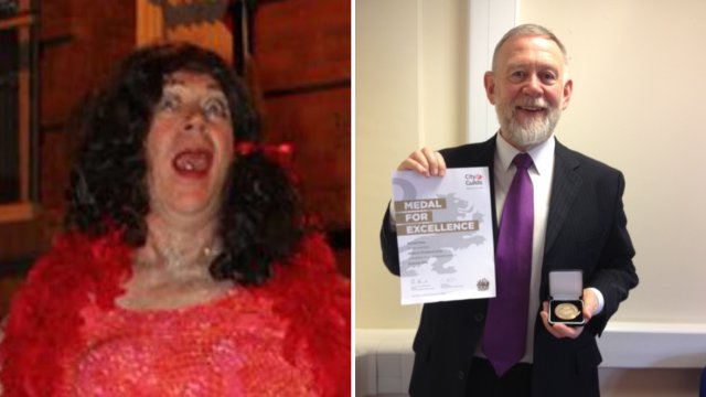 Мајкл Фелс у лику свог дрег алтер ега Етол Мери (лево) и у свакодневном животу (десно)