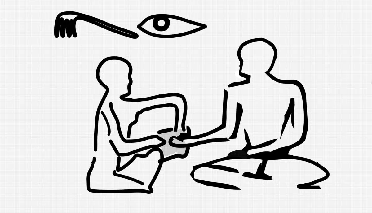 A manicurist of the 5th Dynasty at work. He holds a small board, fixing the client’s hand and pressing it to his knee; he trims the nails with a flint knife. This is one of the reliefs from this tomb.
