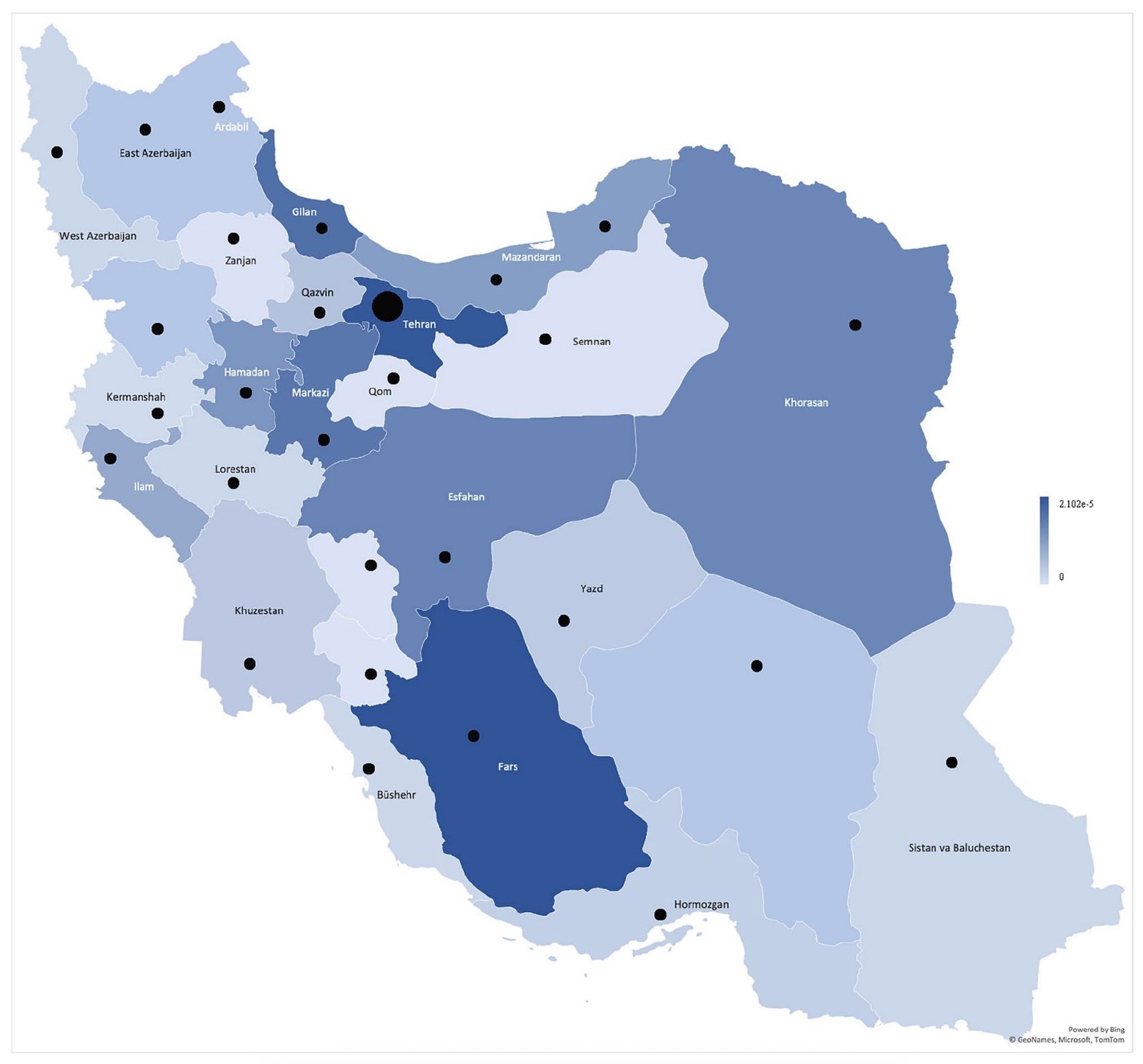 Prävalenz nach iranischen Provinzen der Personen mit der Diagnose Geschlechtsdysphorie, die sich an die Gerichtsmedizinische Organisation (LMO) wandten, um eine Genehmigung zur Geschlechtsumwandlung zu erhalten. Punkte markieren LMO-Büros.