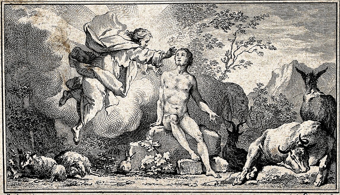 Bóg wyciąga rękę, dając życie Adamowi. Rycina J.-J. Pasquiera według oryginału J. de Sève’a.