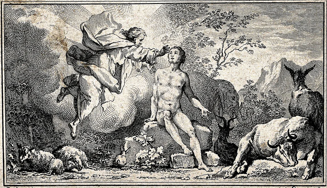 Dio tende la mano, donando la vita ad Adamo. Incisione di J.-J. Pasquier da un originale di J. de Sève.