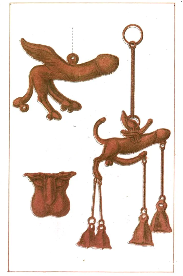 Illustrazione di amuleti fallici tratta dal libro di Karl Friedrich Flögel “Storia del comico-grottesco”, edizione 1862. Wikimedia.