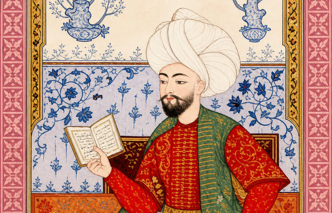 Ritratto migliorato con l'IA di Ahmed Pascià tratto dalla raccolta di biografie di poeti Meşâirü'ş-Şuarâ.