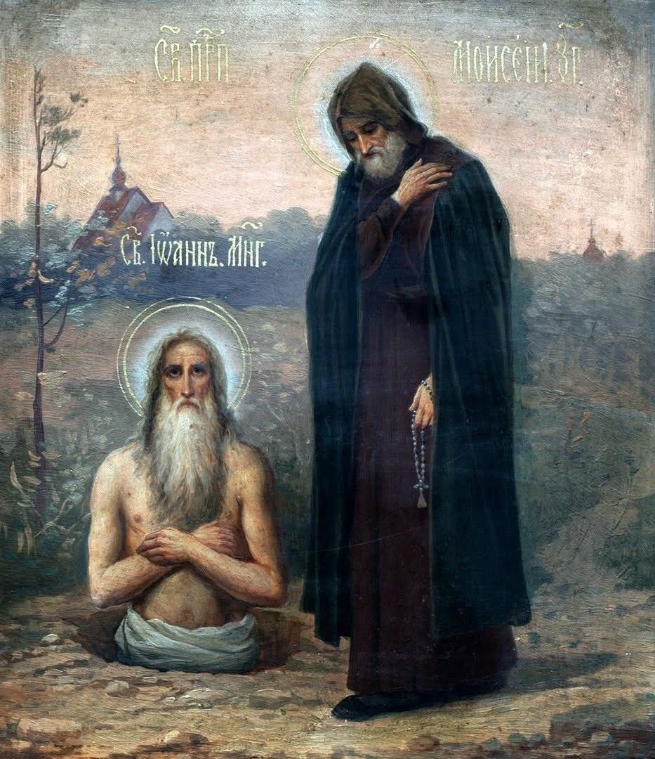 Venerabili Giovanni il Molto Sofferente e Mosè l’Ungherese. Icona. Dopo il 1903 (collezione di F. R. Komarov)